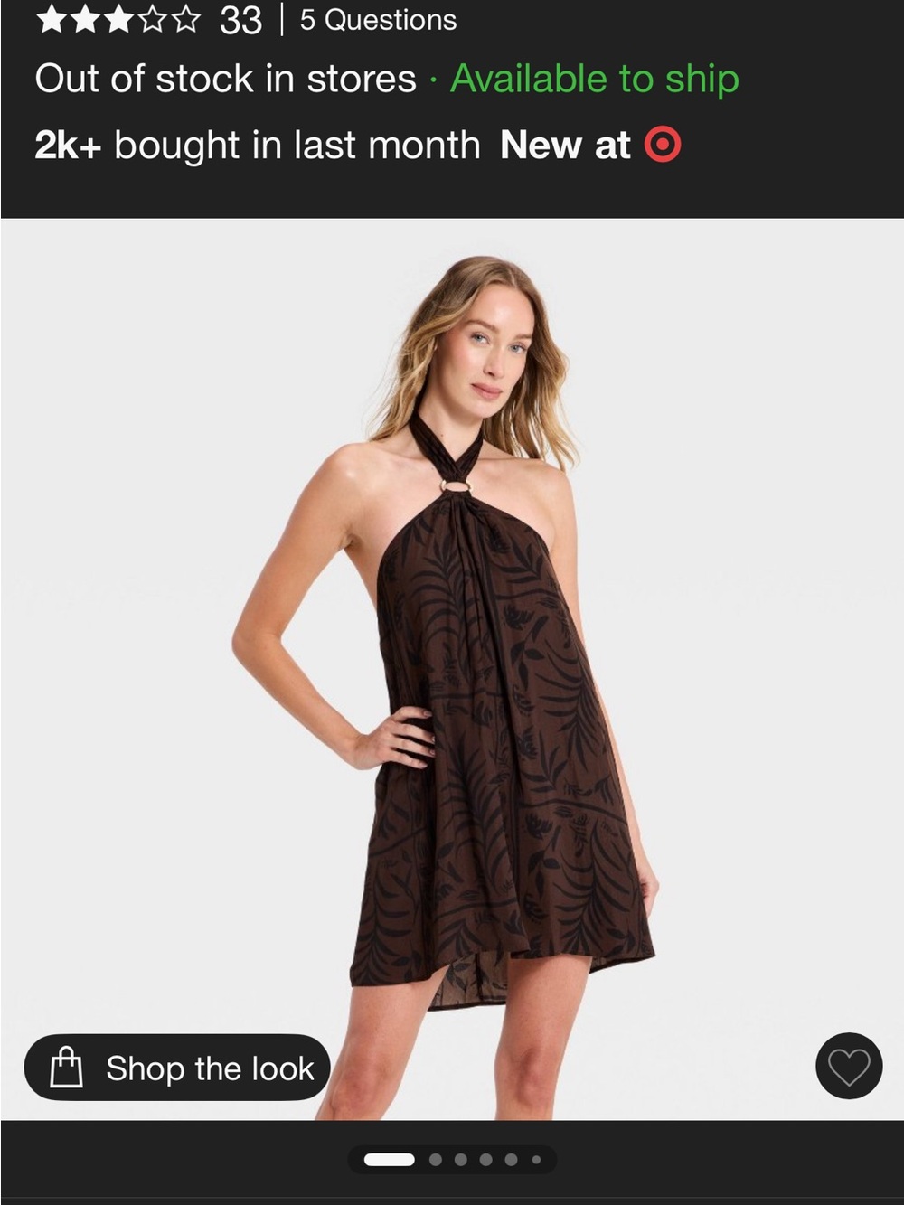 a new day Brown Strapless Halter Swing Dress with Black Print